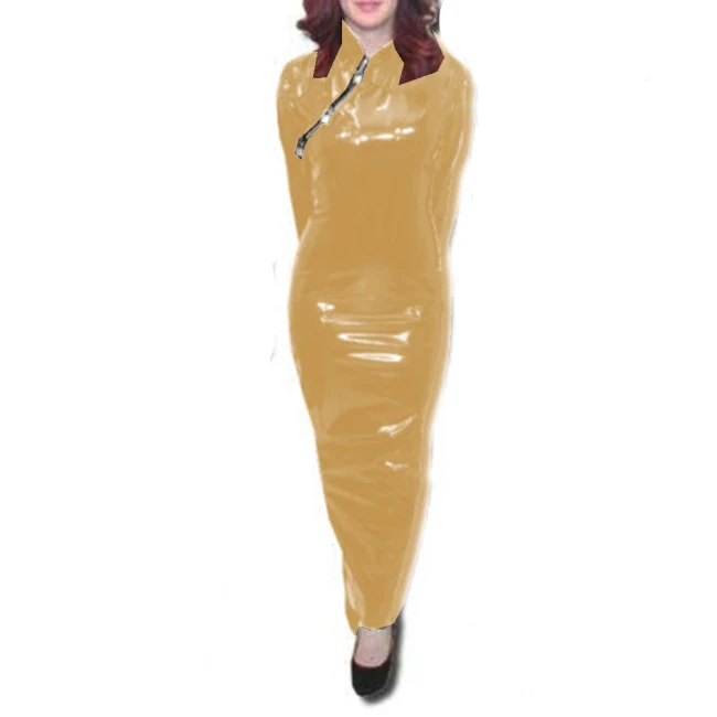 Lockable Long Sleeve Hobble Dress Elegant Lady Cheongsam Neck Sheath Party Dress Wetlook PVC Leather Bodycon Club Gown Dress