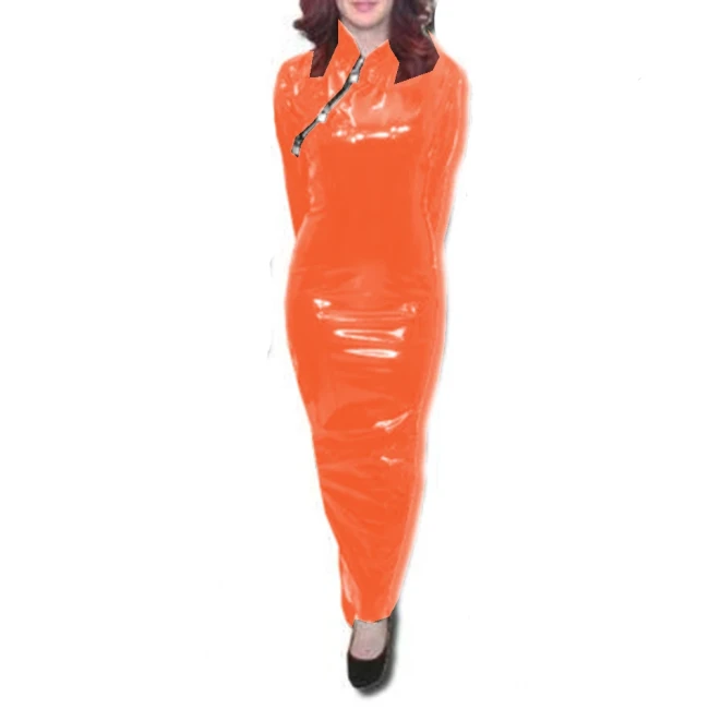 Lockable Long Sleeve Hobble Dress Elegant Lady Cheongsam Neck Sheath Party Dress Wetlook PVC Leather Bodycon Club Gown Dress