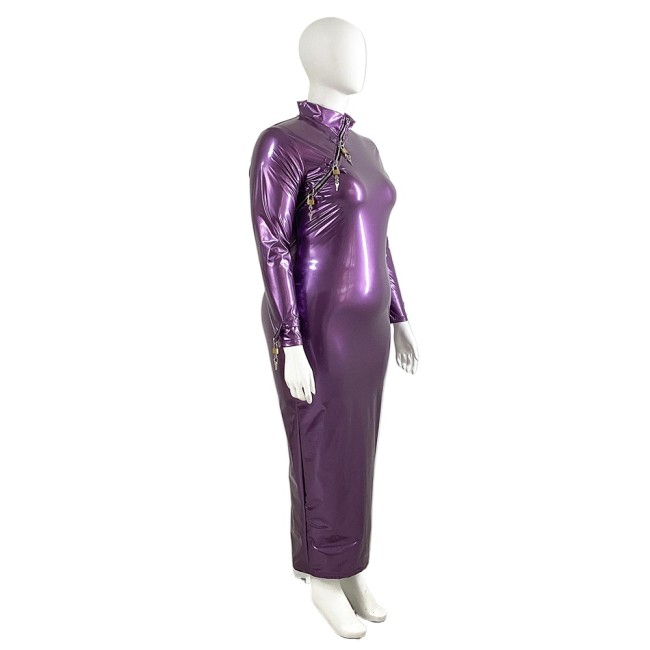 Lockable Long Sleeve Hobble Dress Elegant Lady Cheongsam Neck Sheath Party Dress Wetlook PVC Leather Bodycon Club Gown Dress