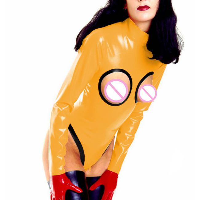 Womens Sexy Open Cup Shiny PVC Bodysuit Wet Look Exotic Zipper Open Crotch High Cut Jumpsuit Rave Party Clubwear Erotic Lingerie