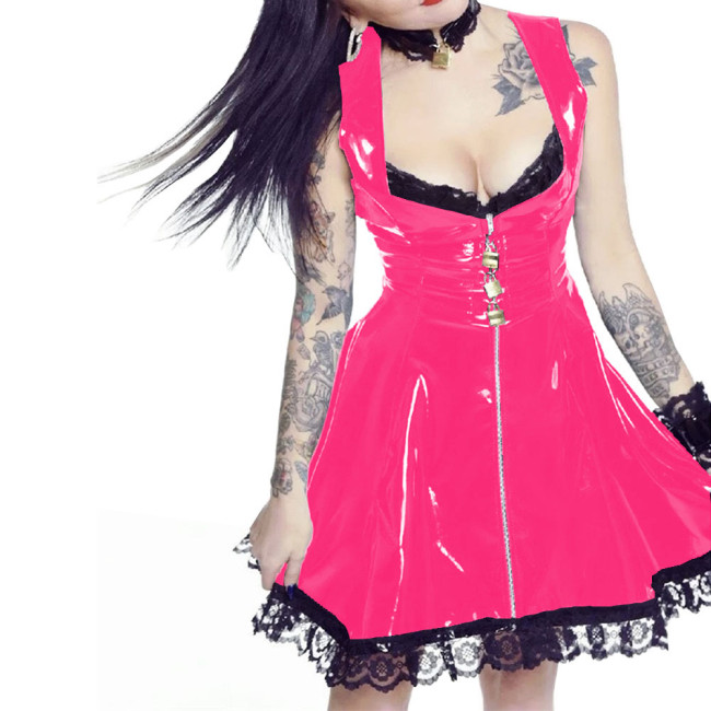 Rave Party Sleeveless Lockable A-line Dress Sexy Black Lace Trims Slim Shiny PVC Dresses Sissy Fetish Nightclub Cosplay Costume