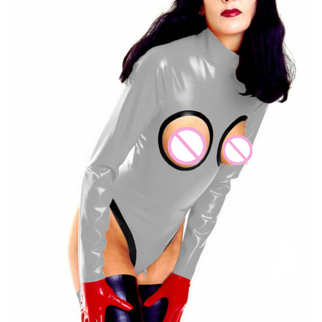 Womens Sexy Open Cup Shiny PVC Bodysuit Wet Look Exotic Zipper Open Crotch High Cut Jumpsuit Rave Party Clubwear Erotic Lingerie