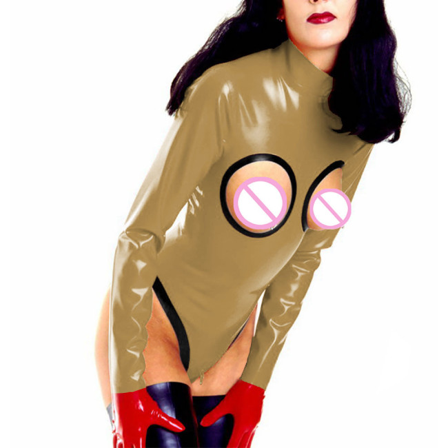 Womens Sexy Open Cup Shiny PVC Bodysuit Wet Look Exotic Zipper Open Crotch High Cut Jumpsuit Rave Party Clubwear Erotic Lingerie