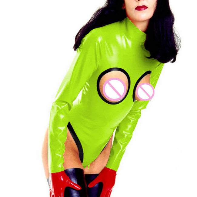 Womens Sexy Open Cup Shiny PVC Bodysuit Wet Look Exotic Zipper Open Crotch High Cut Jumpsuit Rave Party Clubwear Erotic Lingerie