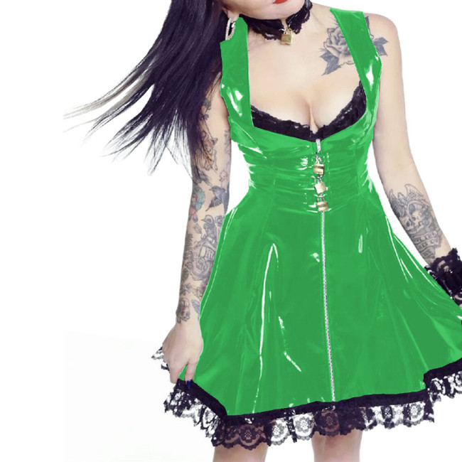 Rave Party Sleeveless Lockable A-line Dress Sexy Black Lace Trims Slim Shiny PVC Dresses Sissy Fetish Nightclub Cosplay Costume