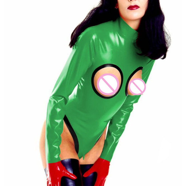 Womens Sexy Open Cup Shiny PVC Bodysuit Wet Look Exotic Zipper Open Crotch High Cut Jumpsuit Rave Party Clubwear Erotic Lingerie