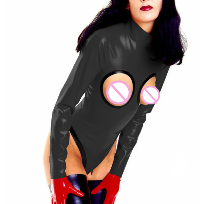 Womens Sexy Open Cup Shiny PVC Bodysuit Wet Look Exotic Zipper Open Crotch High Cut Jumpsuit Rave Party Clubwear Erotic Lingerie