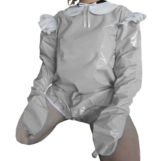 Vinyl PVC Lockable Adult Baby Rompers Attached Mitts Rave Party Cosplay Peter Pan Collar Bodysuit Sissy Lolita Short Jumpsuit