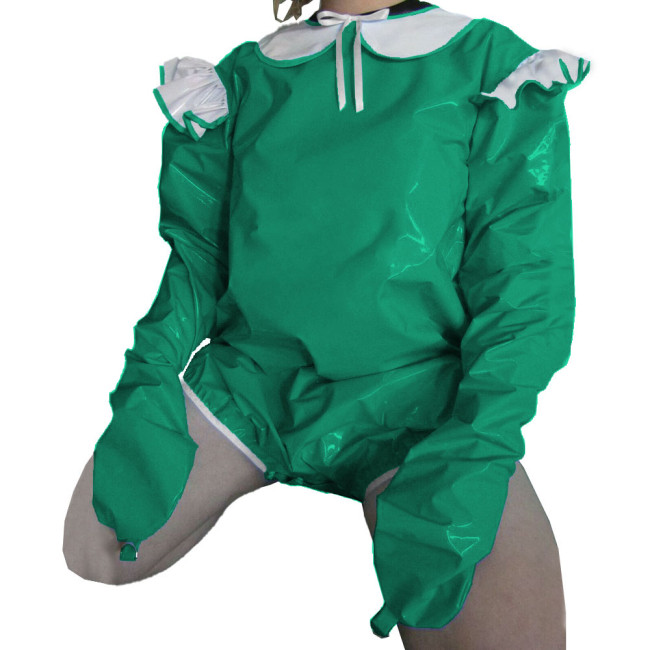 Vinyl PVC Lockable Adult Baby Rompers Attached Mitts Rave Party Cosplay Peter Pan Collar Bodysuit Sissy Lolita Short Jumpsuit