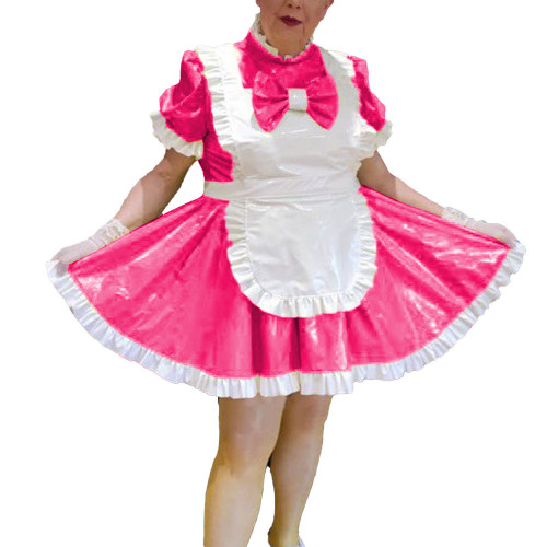 Sissy Spandex PVC Leather Pleated Maid Uniforms Rave Party Cosplay Short Puff Sleeves Apron Maid Drees Outfits Plus Size Costume
