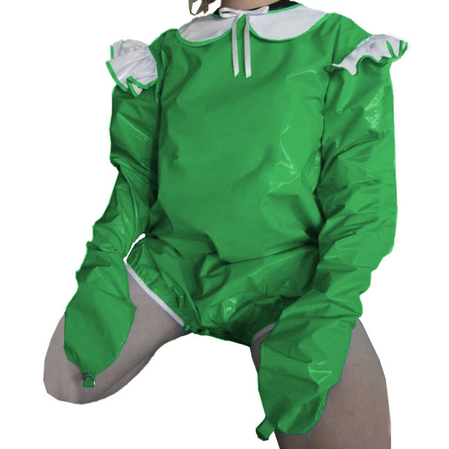 Vinyl PVC Lockable Adult Baby Rompers Attached Mitts Rave Party Cosplay Peter Pan Collar Bodysuit Sissy Lolita Short Jumpsuit