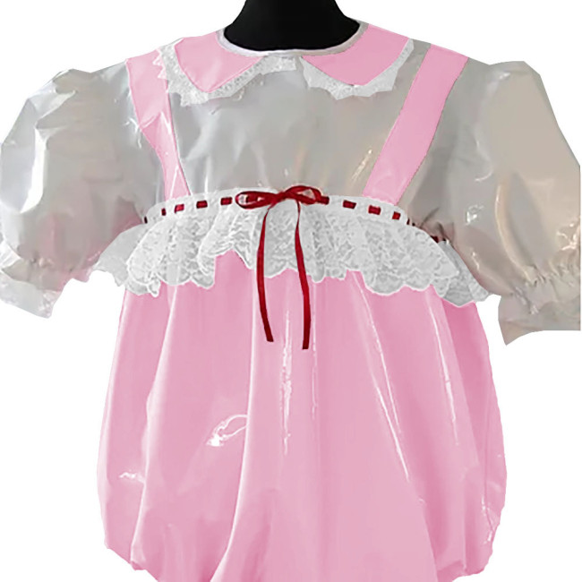 Halloween Party Adult Giant Baby PVC Shiny Rompers Sissy Glossy Faux Leather Bodysuit Sweet Short Sleeve Peter Pan Collar Onesie