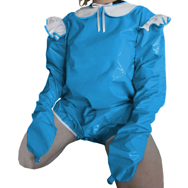 Vinyl PVC Lockable Adult Baby Rompers Attached Mitts Rave Party Cosplay Peter Pan Collar Bodysuit Sissy Lolita Short Jumpsuit