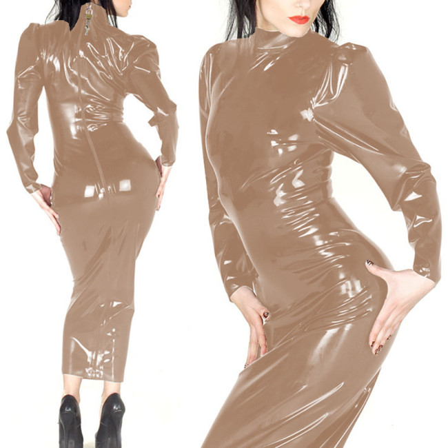 Wetlook Lockable Bodycon PVC Shiny Long Dress Women Punk High Neck Skinny Hobble Dress Stretchy Long Sleeve Party Dress Clubwear