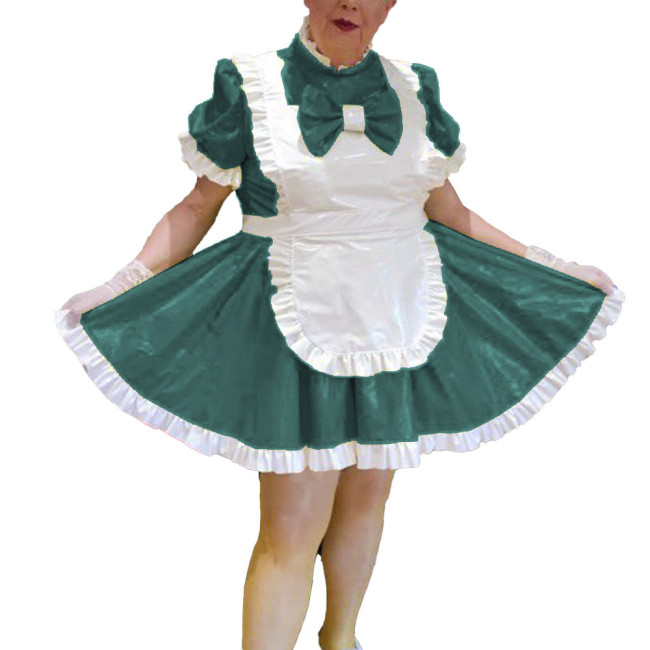 Sissy Spandex PVC Leather Pleated Maid Uniforms Rave Party Cosplay Short Puff Sleeves Apron Maid Drees Outfits Plus Size Costume