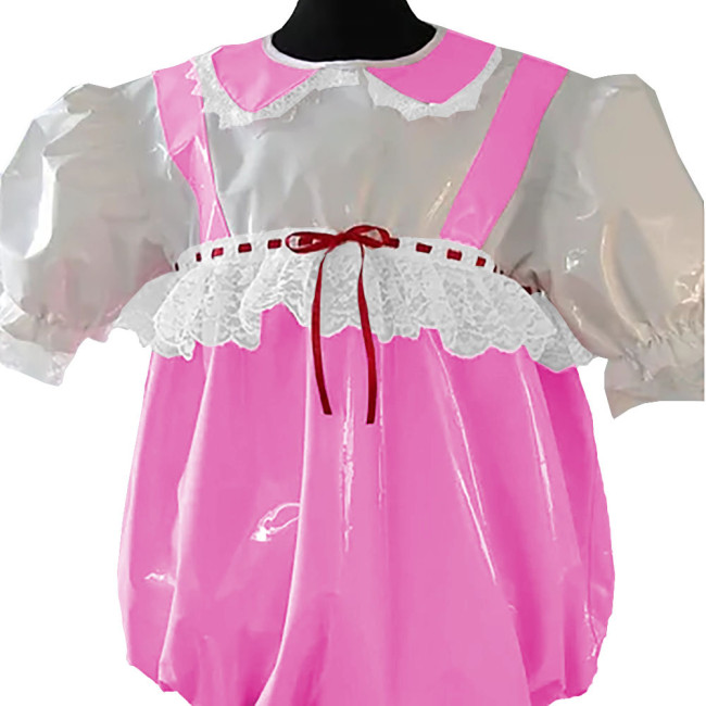 Halloween Party Adult Giant Baby PVC Shiny Rompers Sissy Glossy Faux Leather Bodysuit Sweet Short Sleeve Peter Pan Collar Onesie