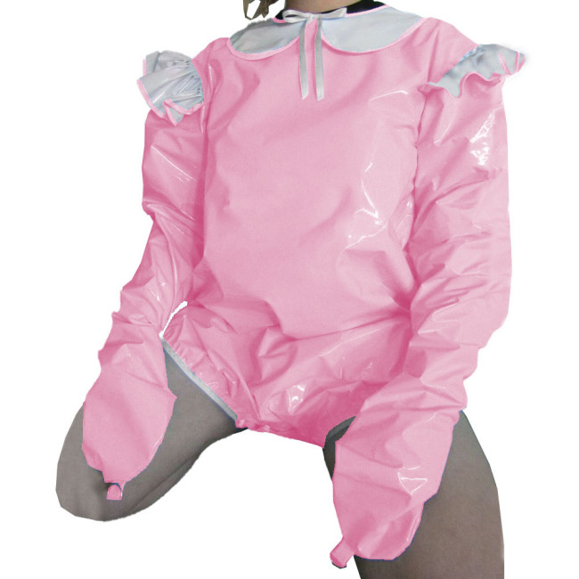 Vinyl PVC Lockable Adult Baby Rompers Attached Mitts Rave Party Cosplay Peter Pan Collar Bodysuit Sissy Lolita Short Jumpsuit