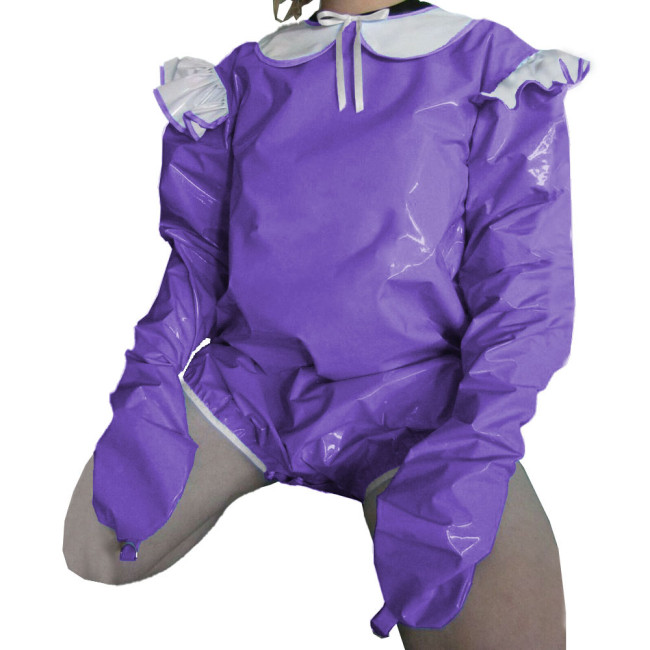 Vinyl PVC Lockable Adult Baby Rompers Attached Mitts Rave Party Cosplay Peter Pan Collar Bodysuit Sissy Lolita Short Jumpsuit