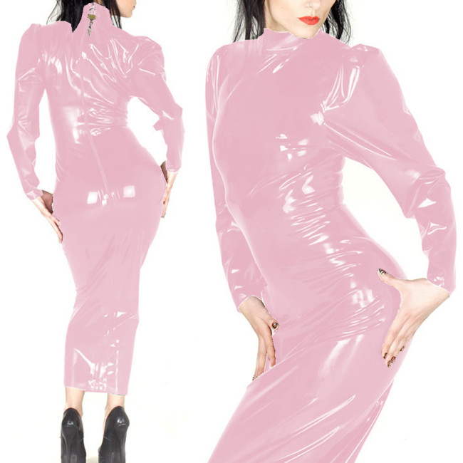 Wetlook Lockable Bodycon PVC Shiny Long Dress Women Punk High Neck Skinny Hobble Dress Stretchy Long Sleeve Party Dress Clubwear