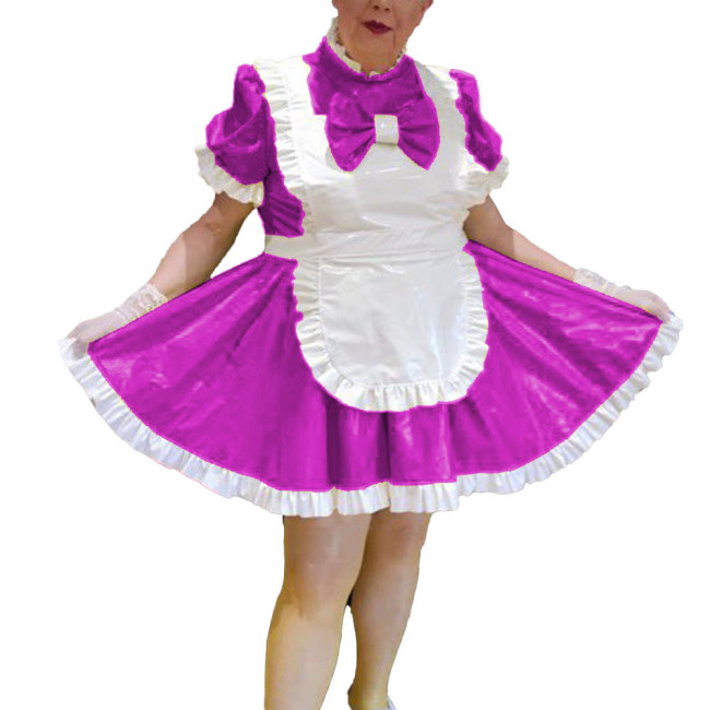Sissy Spandex PVC Leather Pleated Maid Uniforms Rave Party Cosplay Short Puff Sleeves Apron Maid Drees Outfits Plus Size Costume