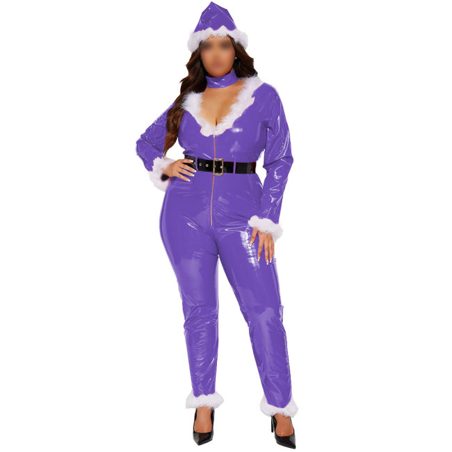 Sexy Santa Claus Cosplay Vinyl PVC Jumpsuit for Womens Plus Size Sleigh Catsuit Sets Feather Trimming Wetlook Christmas Costume