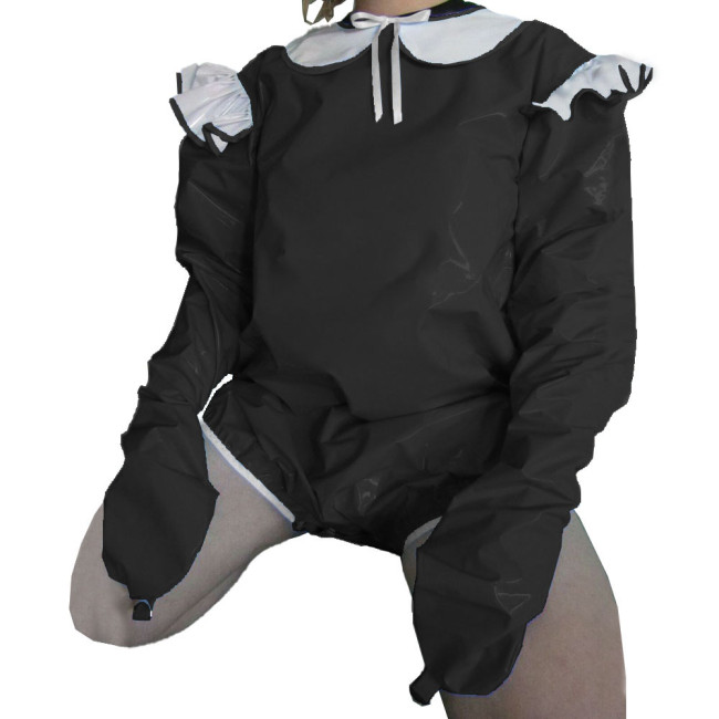 Vinyl PVC Lockable Adult Baby Rompers Attached Mitts Rave Party Cosplay Peter Pan Collar Bodysuit Sissy Lolita Short Jumpsuit