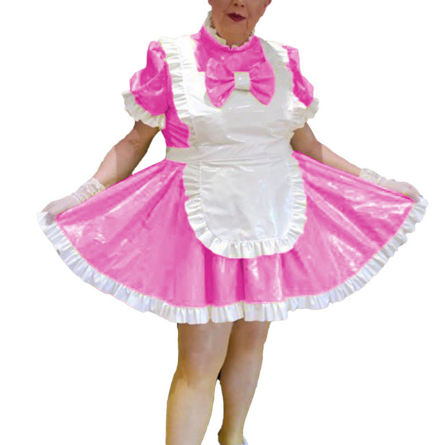 Sissy Spandex PVC Leather Pleated Maid Uniforms Rave Party Cosplay Short Puff Sleeves Apron Maid Drees Outfits Plus Size Costume