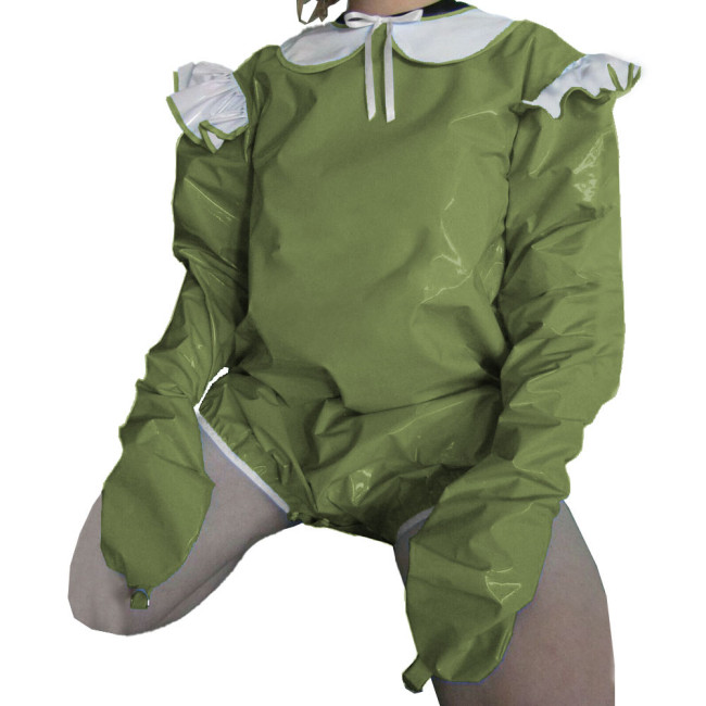 Vinyl PVC Lockable Adult Baby Rompers Attached Mitts Rave Party Cosplay Peter Pan Collar Bodysuit Sissy Lolita Short Jumpsuit