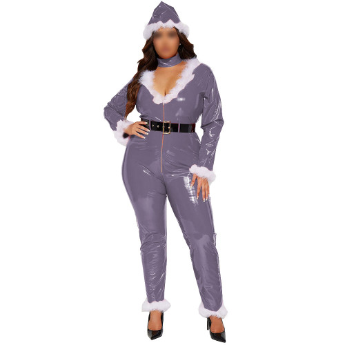 Sexy Santa Claus Cosplay Vinyl PVC Jumpsuit for Womens Plus Size Sleigh Catsuit Sets Feather Trimming Wetlook Christmas Costume