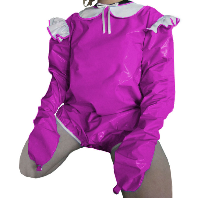 Vinyl PVC Lockable Adult Baby Rompers Attached Mitts Rave Party Cosplay Peter Pan Collar Bodysuit Sissy Lolita Short Jumpsuit