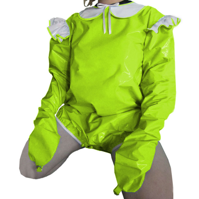 Vinyl PVC Lockable Adult Baby Rompers Attached Mitts Rave Party Cosplay Peter Pan Collar Bodysuit Sissy Lolita Short Jumpsuit