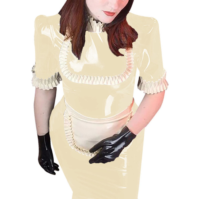 Glossy Faux Latex French Maid Servant Uniform Sissy Ruffles Turtleneck Short Sleeve Knee-length Dress With apron Cosplay Outfits