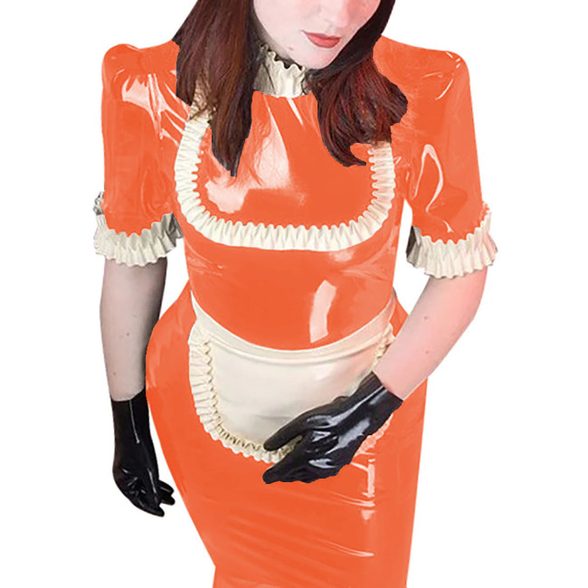 Glossy Faux Latex French Maid Servant Uniform Sissy Ruffles Turtleneck Short Sleeve Knee-length Dress With apron Cosplay Outfits