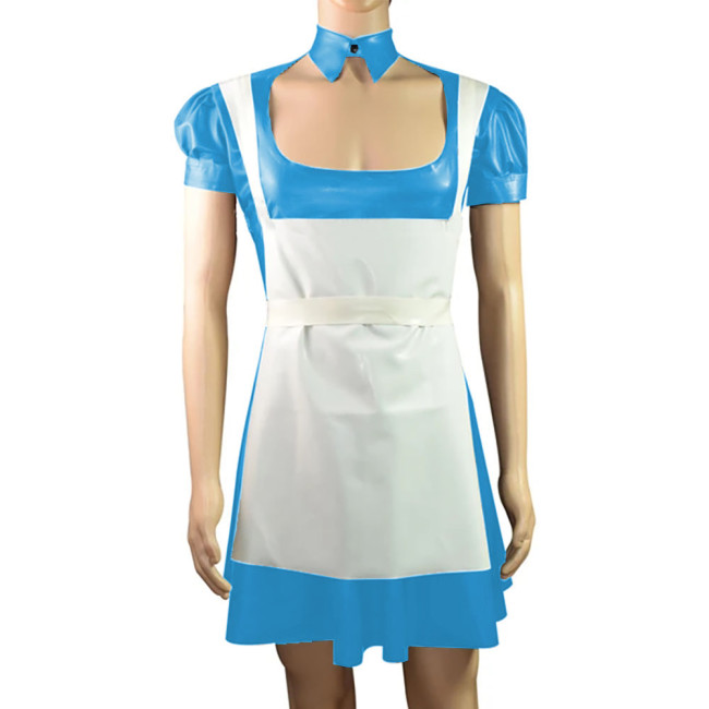 Sexy Vinyl PVC Leather French Maid A-line Dress with Apron Exotic Short Puff Sleeves Maid Uniform for Women Mens Cosplay Wear