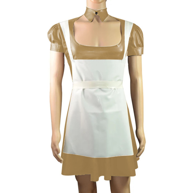 Sexy Vinyl PVC Leather French Maid A-line Dress with Apron Exotic Short Puff Sleeves Maid Uniform for Women Mens Cosplay Wear