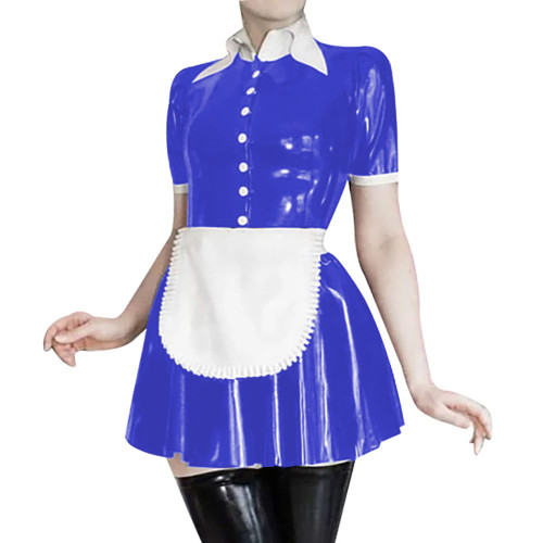 French Turn-down Collar A-line Maid Dress Sets Party Wear Halloween Cosplay Costumes Unisex Fetish PVC Latex-look Maid Unfiorms