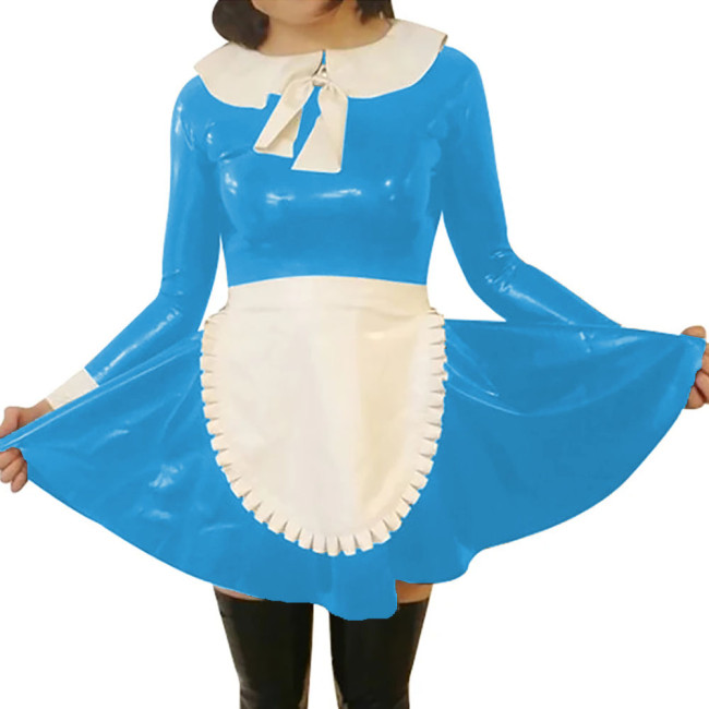 Female Peter Pan Collar Maid Cosplay Dress Outfits Wet PVC Leather Long Sleeve Dress with Apron Fetish Fetish Clubwear for Women