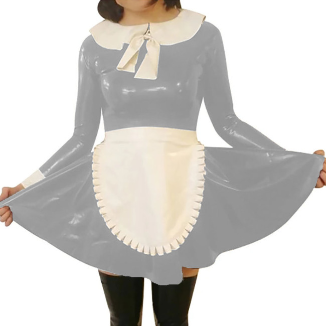Female Peter Pan Collar Maid Cosplay Dress Outfits Wet PVC Leather Long Sleeve Dress with Apron Fetish Fetish Clubwear for Women