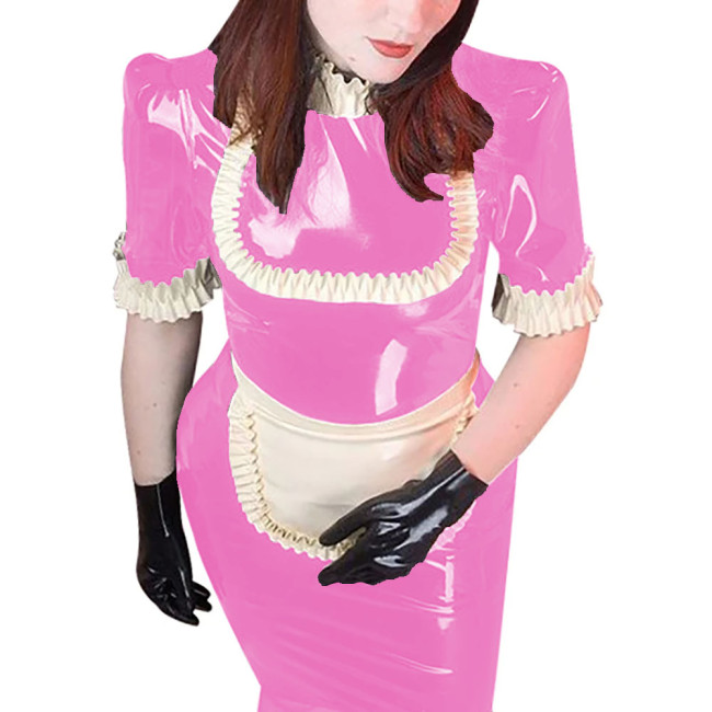 Glossy Faux Latex French Maid Servant Uniform Sissy Ruffles Turtleneck Short Sleeve Knee-length Dress With apron Cosplay Outfits