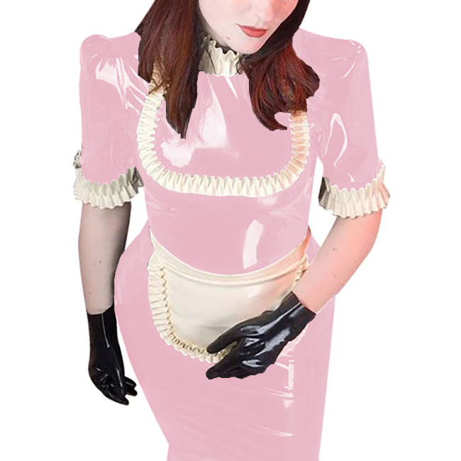 Glossy Faux Latex French Maid Servant Uniform Sissy Ruffles Turtleneck Short Sleeve Knee-length Dress With apron Cosplay Outfits