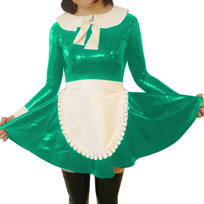 Female Peter Pan Collar Maid Cosplay Dress Outfits Wet PVC Leather Long Sleeve Dress with Apron Fetish Fetish Clubwear for Women