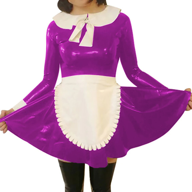 Female Peter Pan Collar Maid Cosplay Dress Outfits Wet PVC Leather Long Sleeve Dress with Apron Fetish Fetish Clubwear for Women