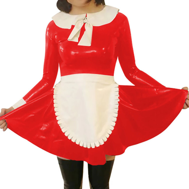 Female Peter Pan Collar Maid Cosplay Dress Outfits Wet PVC Leather Long Sleeve Dress with Apron Fetish Fetish Clubwear for Women