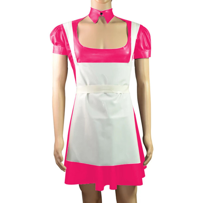 Sexy Vinyl PVC Leather French Maid A-line Dress with Apron Exotic Short Puff Sleeves Maid Uniform for Women Mens Cosplay Wear