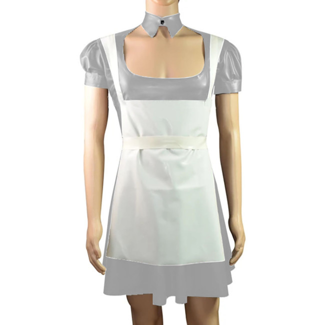 Sexy Vinyl PVC Leather French Maid A-line Dress with Apron Exotic Short Puff Sleeves Maid Uniform for Women Mens Cosplay Wear