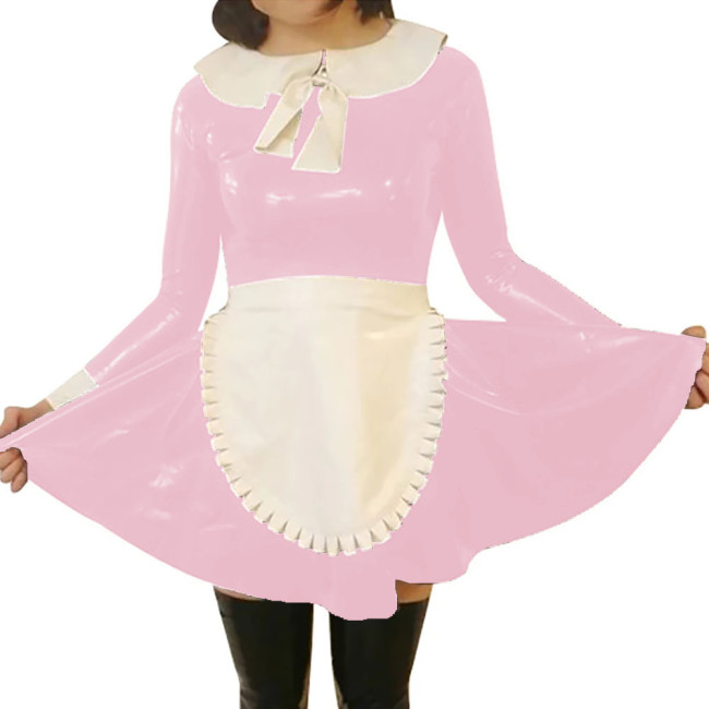 Female Peter Pan Collar Maid Cosplay Dress Outfits Wet PVC Leather Long Sleeve Dress with Apron Fetish Fetish Clubwear for Women