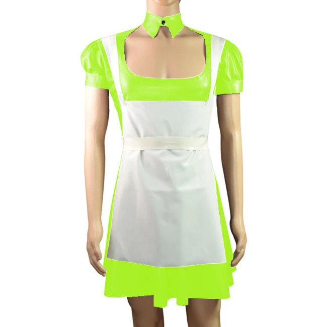 Sexy Vinyl PVC Leather French Maid A-line Dress with Apron Exotic Short Puff Sleeves Maid Uniform for Women Mens Cosplay Wear
