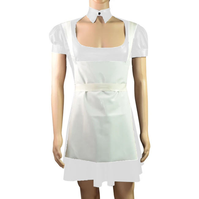Sexy Vinyl PVC Leather French Maid A-line Dress with Apron Exotic Short Puff Sleeves Maid Uniform for Women Mens Cosplay Wear
