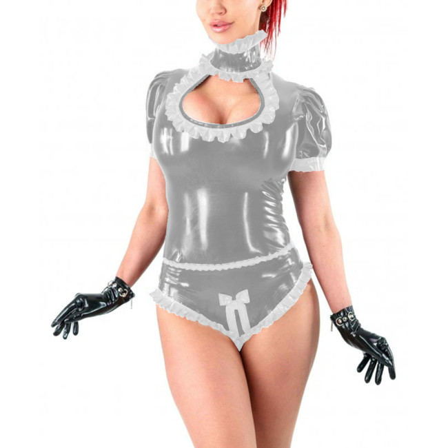 Unisex White Trimming High Neck Wetlook Rompers Sexy Hollow Out Short Sleeve Bow Shiny PVC Bodysuit for Party Cosplay Costume