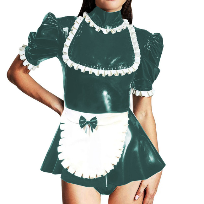 Lockable Turtleneck Ruffles Puff Sleeve Romper Sissy Maid Cosplay Mini Skirt-short Jumpsuit Shiny PVC Leather Party Maid Bodysuit Outfits